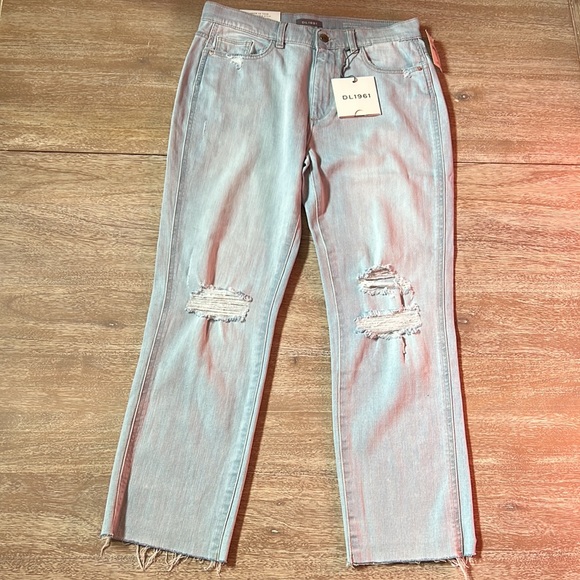 DL1961 Mara Ripped Straight Ankle High- Rise Instasculpt Straight Jeans in Ross - Picture 10 of 16